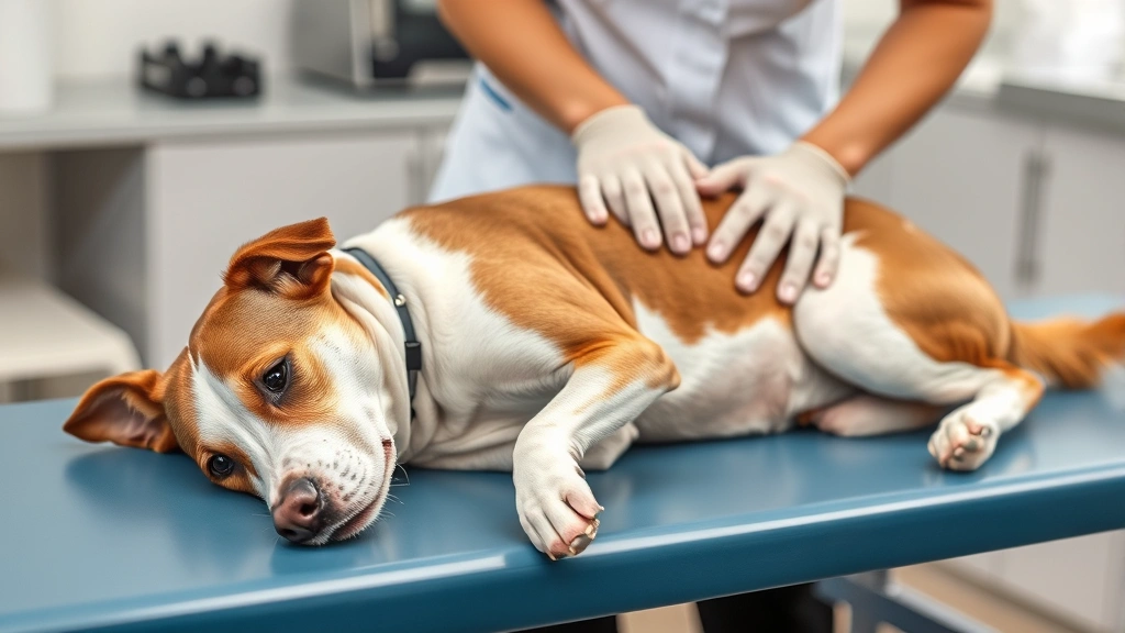 Female brown and white dog lying on veterinary examination table with veterinarian's hands performing a health check, professional clinic setting