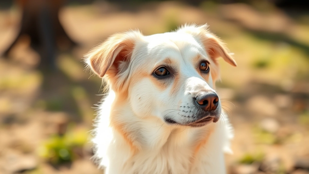 Female dog sitting outdoors in natural sunlight with clean, groomed coat showing healthy skin and fur texture