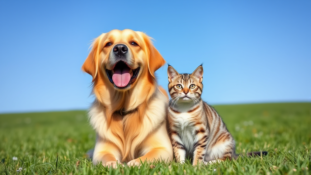 Happy golden retriever and tabby cat sitting together outdoors on green grass with blue sky background, no text no words no letters