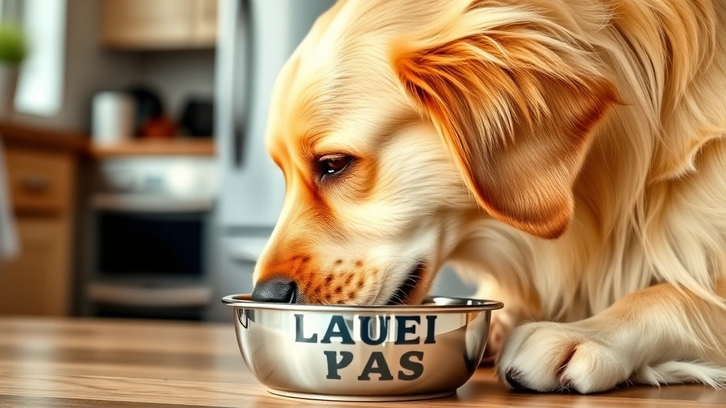 Golden Retriever eating from a bowl, focused expression, natural kitchen lighting, realistic photographic style