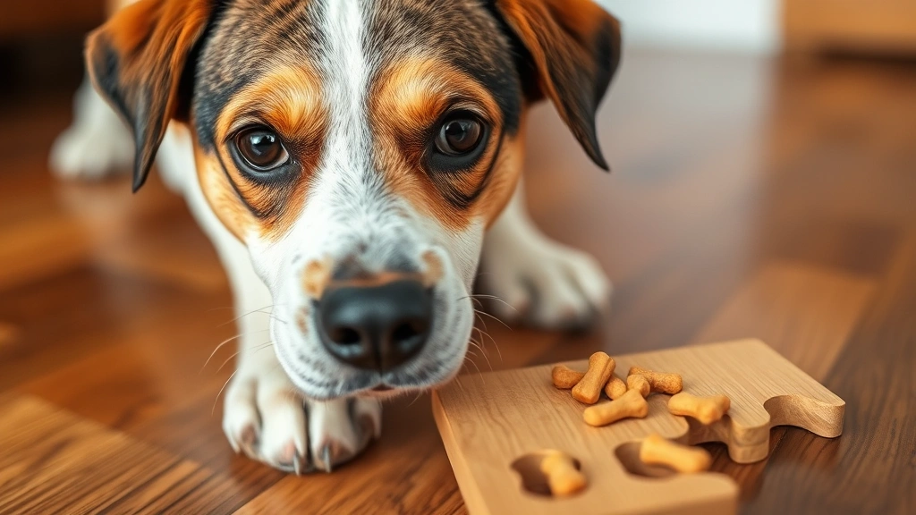 Close-up of a dog's face showing interested expression while looking at a puzzle toy filled with treats on wooden floor