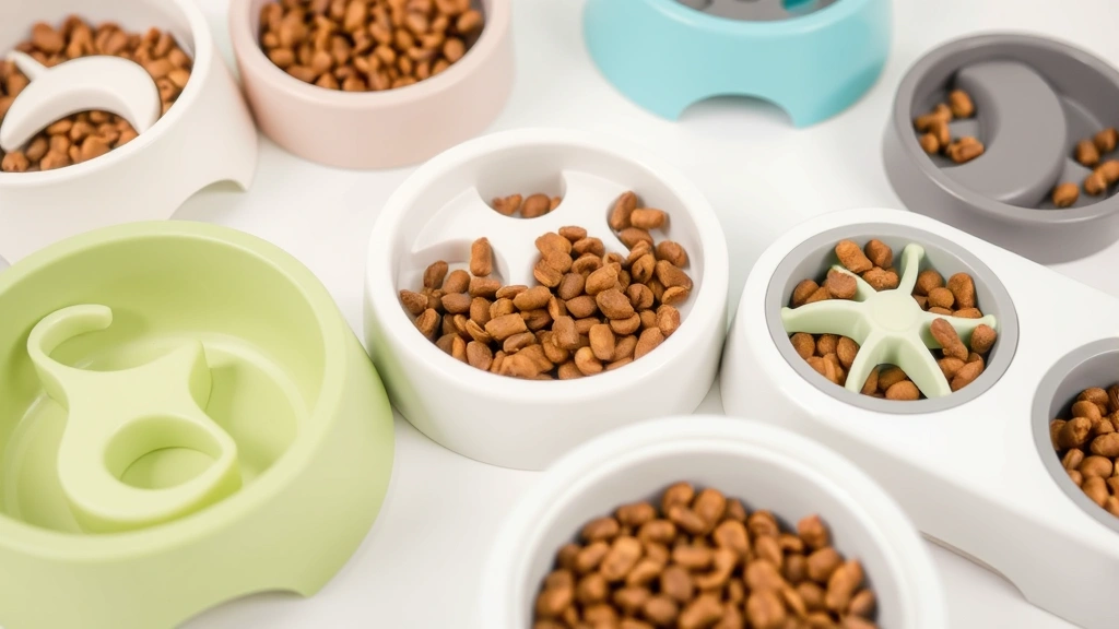 Close-up of various dog food bowls and puzzle feeders with kibble, showing different feeding options, clean minimalist setup