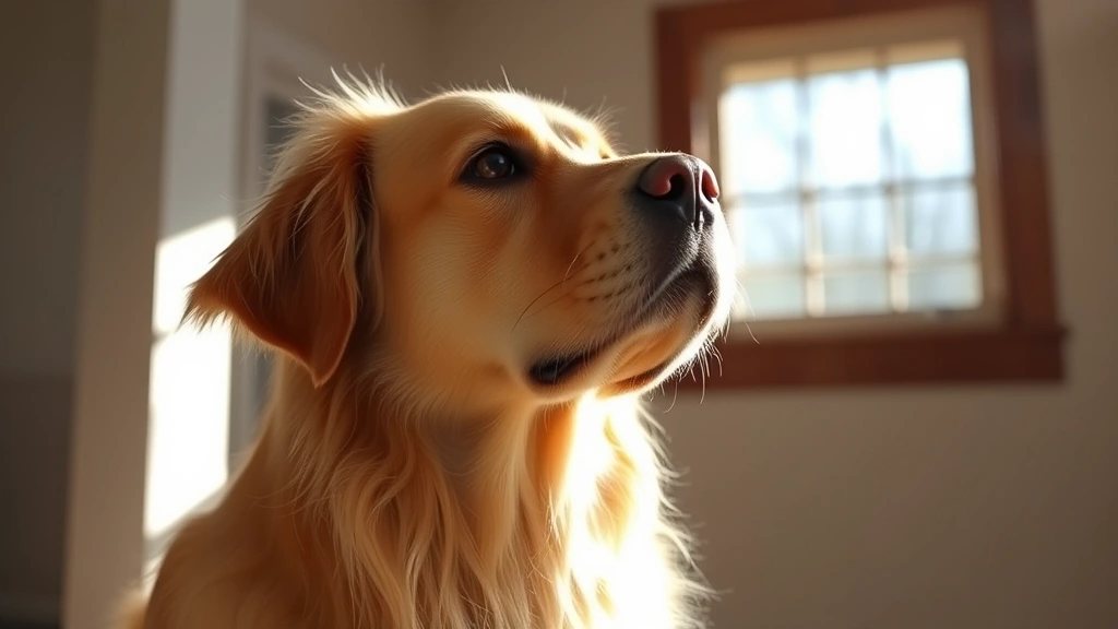 Golden retriever alert and focused, staring intently at empty space near window with sunlight streaming in, attentive expression on face