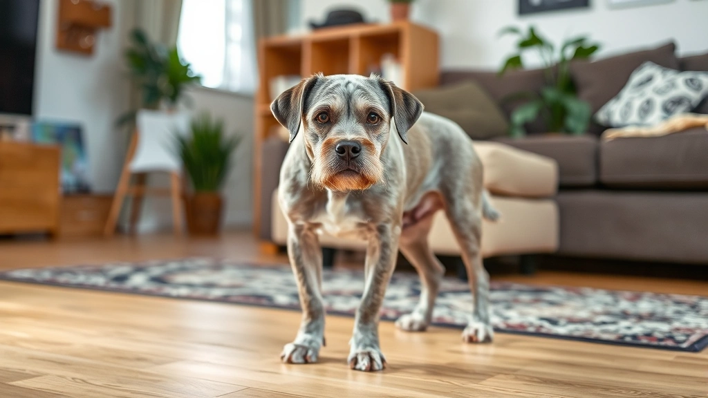 Senior gray-muzzled dog looking confused and disoriented in home environment, standing in middle of living room with uncertain posture