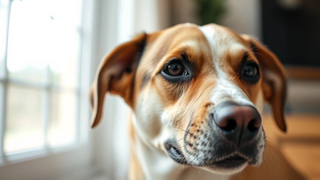 Close-up of dog's face showing normal healthy breathing, calm expression, sitting peacefully indoors