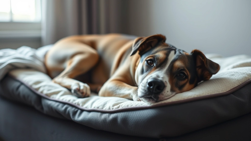 Senior dog resting on orthopedic bed, appearing comfortable, soft natural lighting through window