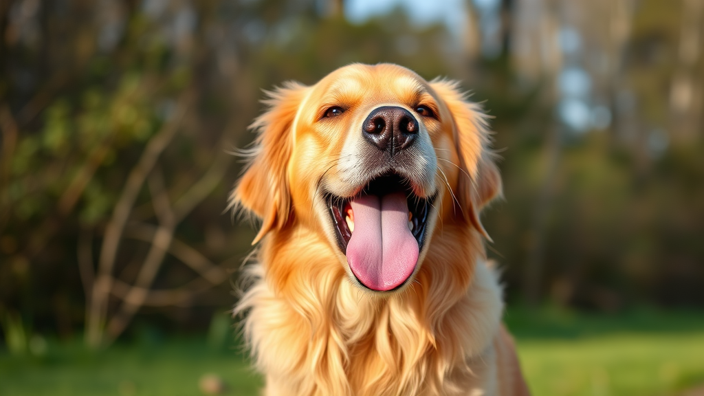 Golden retriever dog breathing heavily with tongue out after exercise outdoors, no text no words no letters