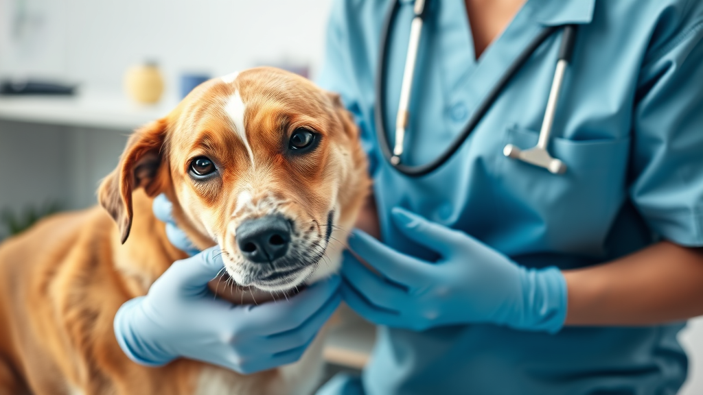 Veterinarian examining dog chest with stethoscope in clinic setting, no text no words no letters