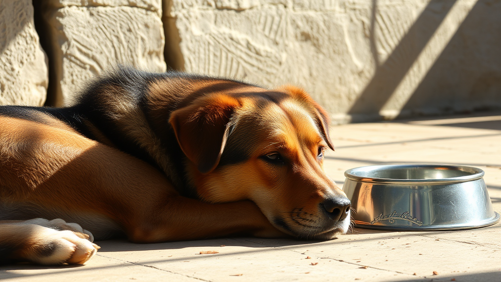 Dog resting comfortably in cool shade with water bowl nearby, no text no words no letters