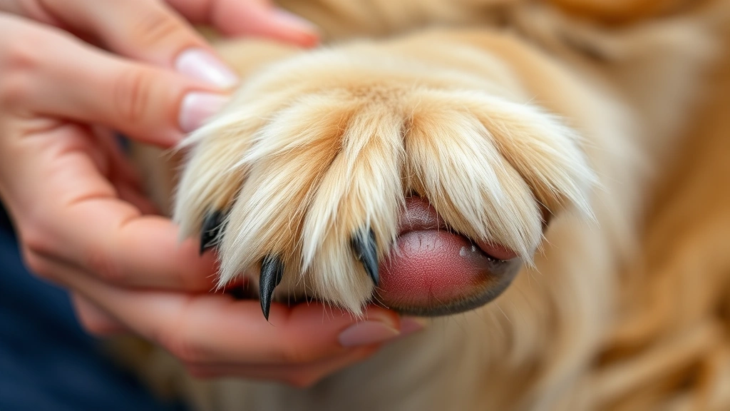 Close-up of a golden retriever's paw being examined by gentle hands, showing healthy pink skin and fur
