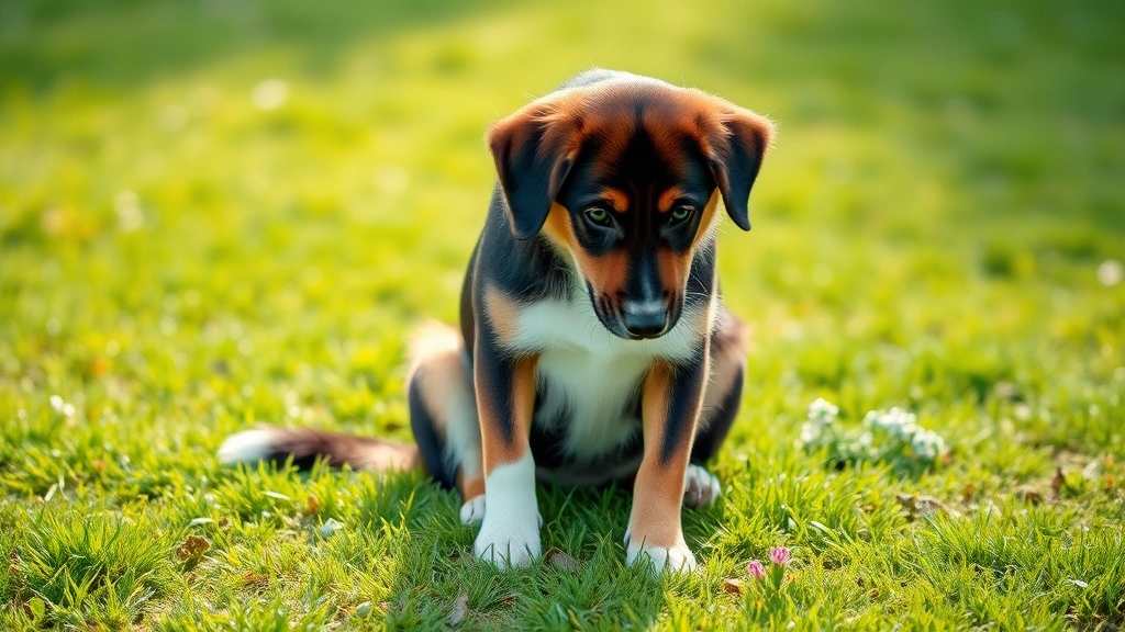 Dog sitting on grass outdoors, looking down at paws, surrounded by green lawn and flowers in soft daylight