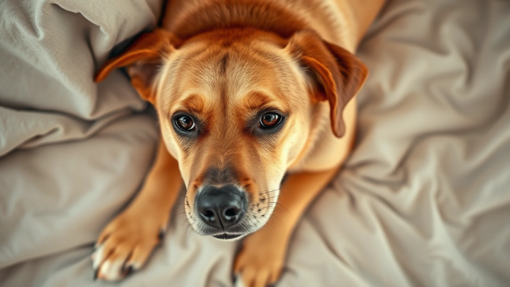 Overhead view of a brown dog lying on comfortable bedding, relaxed expression, paw visible in foreground