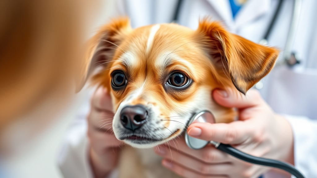 Close up of veterinarian examining small dog with stethoscope during health checkup, professional medical setting, no text, no words, no letters