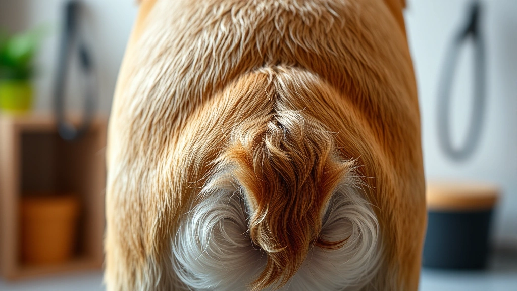 Close-up of dog's rear end area showing grooming detail, professional grooming setting, soft natural lighting, photorealistic style