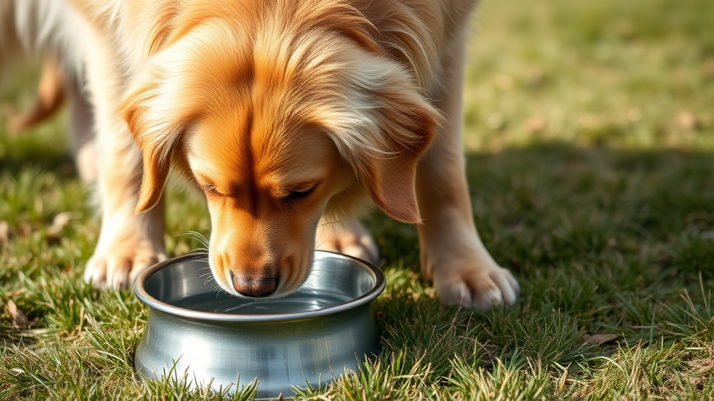 Golden retriever drinking water from stainless steel bowl outdoors on grass no text no words no letters