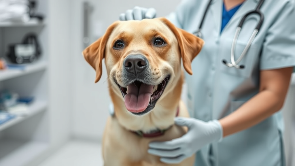 Veterinarian examining happy labrador dog in clinic setting professional medical care no text no words no letters