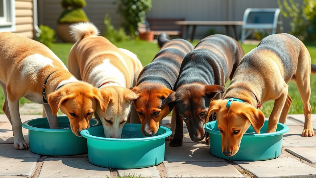 Multiple dogs of different breeds drinking from water bowls in sunny backyard no text no words no letters