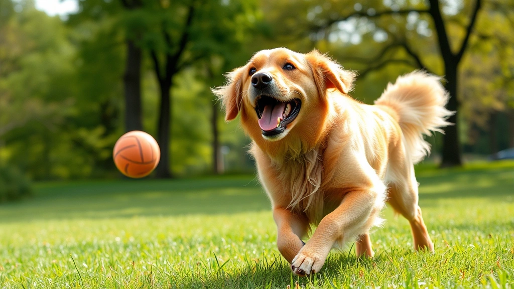 Golden Retriever happily playing fetch in a grassy park, mouth open with playful expression during active movement
