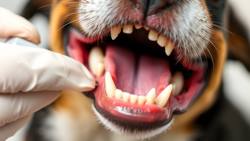 Close-up of a dog's mouth showing healthy pink gums and clean white teeth during a dental examination