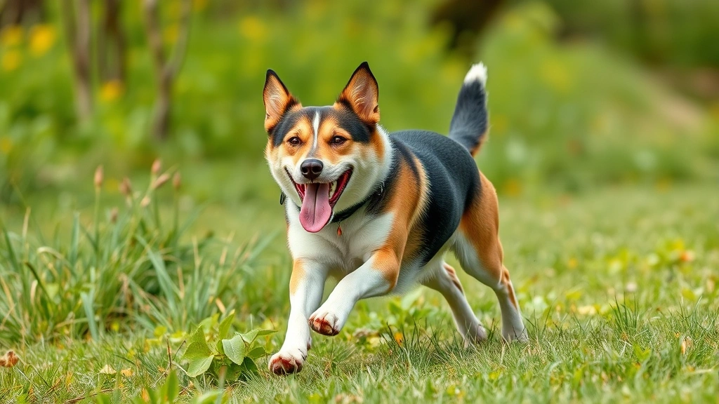 Energetic mixed breed dog running at full speed through grass with tongue out and joyful expression after exercise