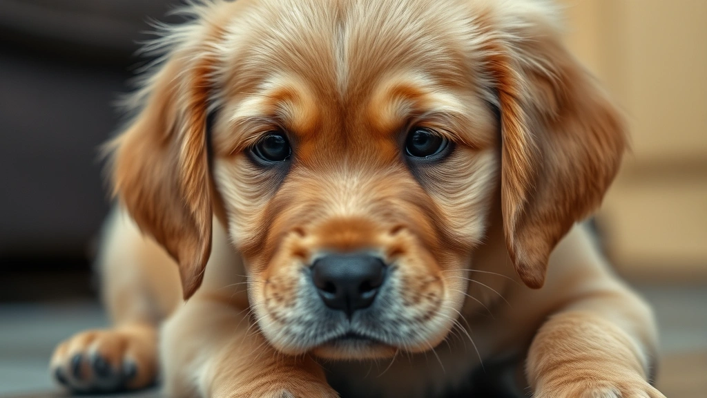 Close-up of golden retriever puppy sitting looking distressed and uncomfortable, soft brown fur, worried expression