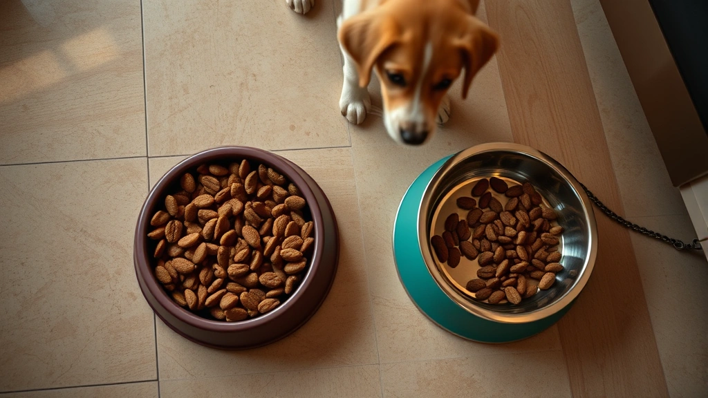 Overhead view of dog food and water bowls on tile floor, blurred dog in background, warm kitchen lighting