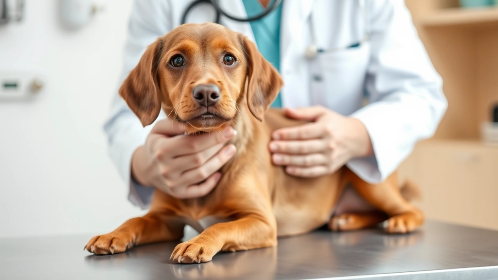 Veterinarian examining brown dog on examination table with stethoscope, professional clinic setting, caring hands