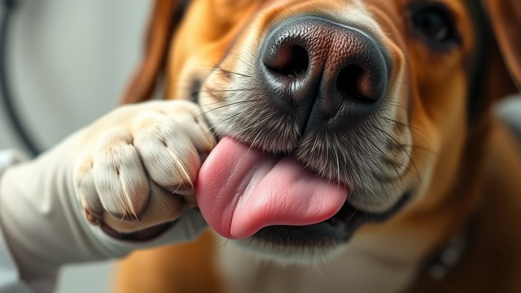 Close up dog tongue licking paw detailed veterinary examination setting no text no words no letters