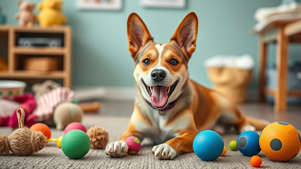 Happy dog with toys and enrichment items behavioral training environment no text no words no letters
