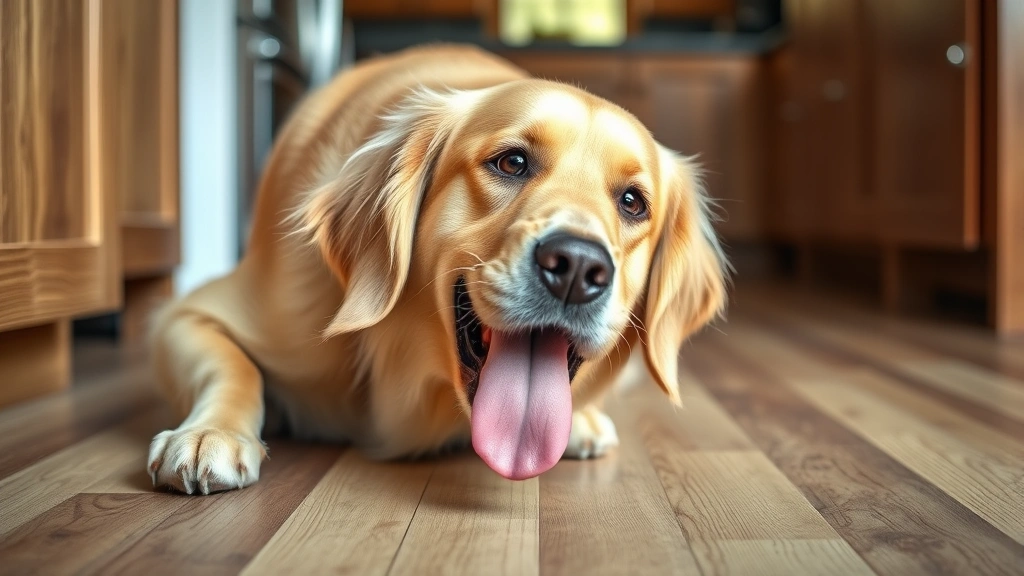 Golden Retriever dog with tongue out, licking wooden floor, close-up side view, natural kitchen lighting, playful expression