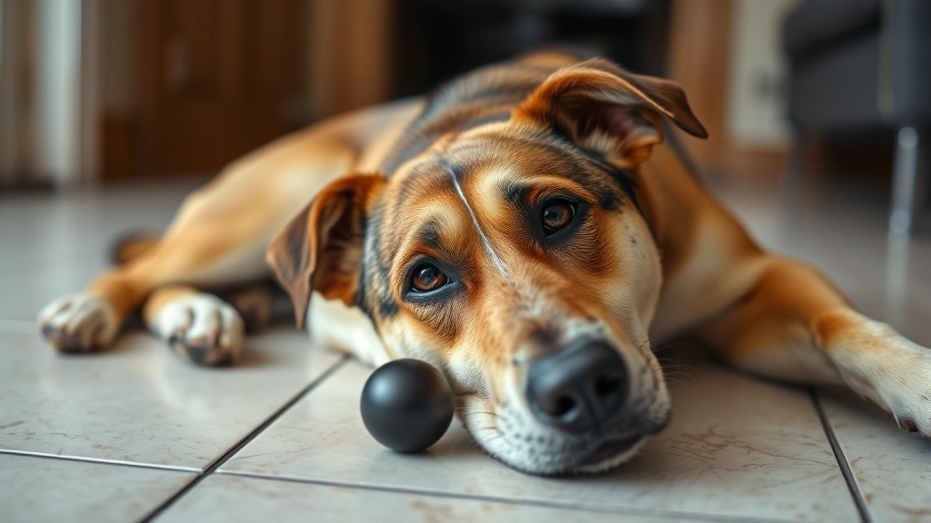 Anxious mixed breed dog lying on tile floor, looking stressed or worried, soft indoor lighting, detailed facial expression showing concern