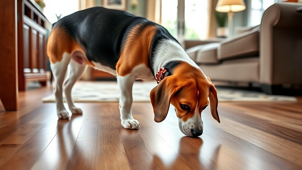 Beagle dog sniffing and investigating clean hardwood floor in bright living room, curious body language, photorealistic detail