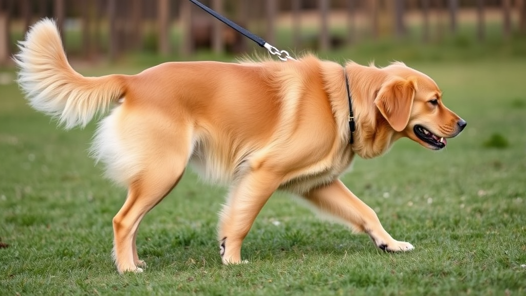 Golden retriever dog limping while walking on grass outdoors, veterinary care concept, no text no words no letters