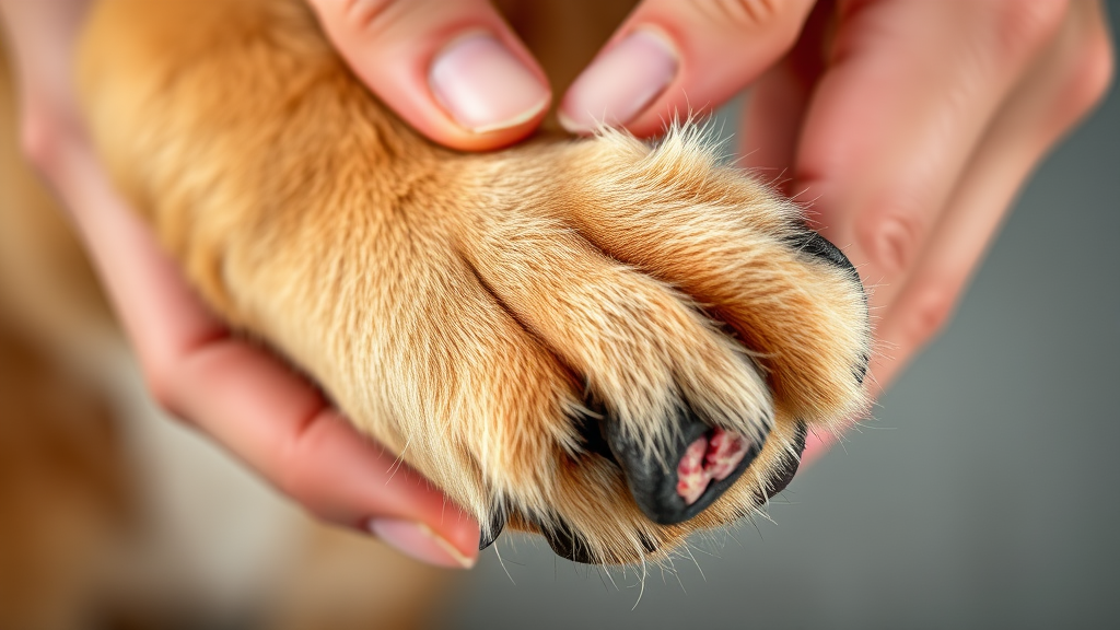 Close up of dog paw being gently examined by human hands, injury assessment, no text no words no letters