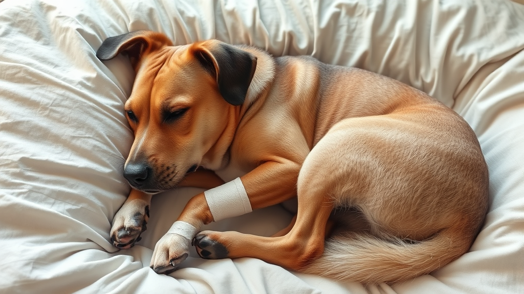 Senior dog resting comfortably on soft bed with bandaged leg, recovery and healing, no text no words no letters