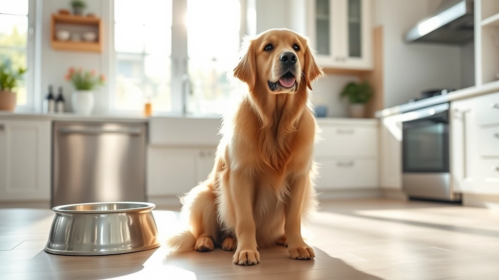Golden retriever sitting beside stainless steel water bowl in a bright, clean kitchen with morning sunlight streaming through windows