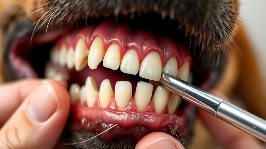 Close-up of a dog's mouth showing healthy pink gums and white teeth during a dental examination by a professional veterinarian