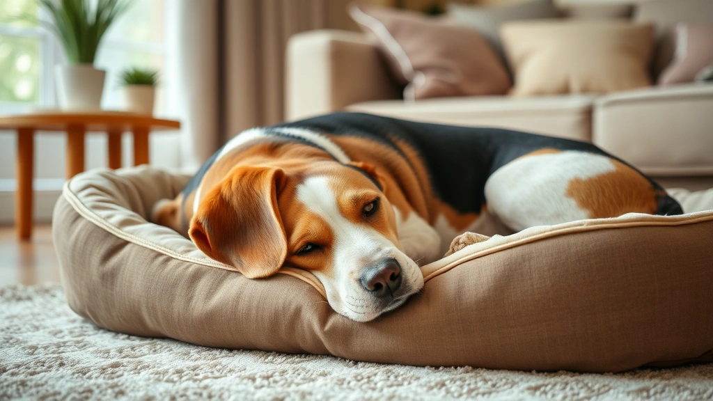 Senior beagle lying down looking tired and unwell on a soft dog bed in a quiet corner of a living room