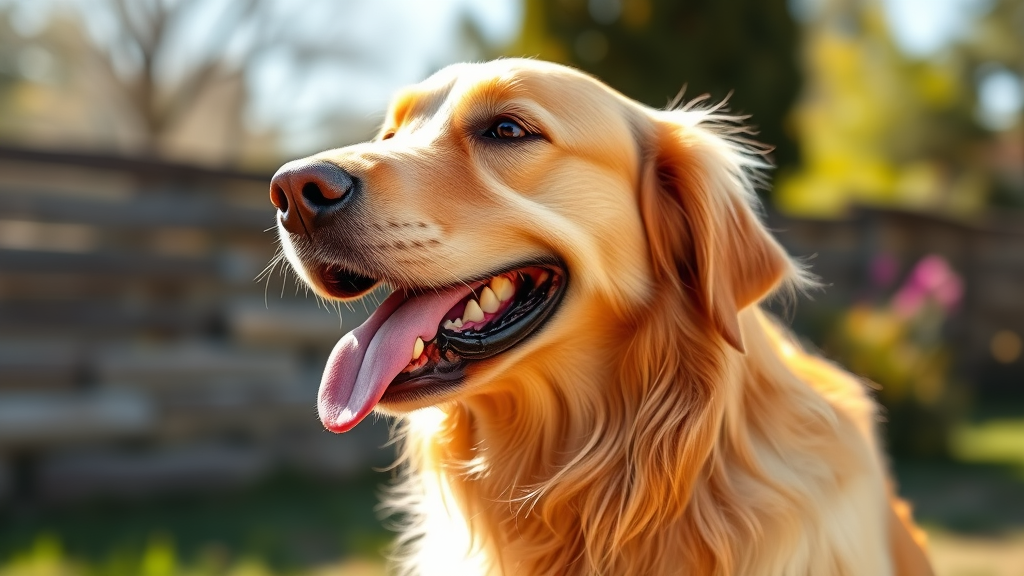 Golden retriever panting heavily with tongue out in sunny outdoor setting, no text no words no letters