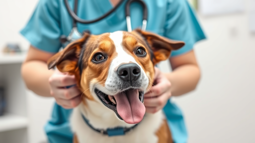 Veterinarian examining panting dog with stethoscope in clinic setting, no text no words no letters