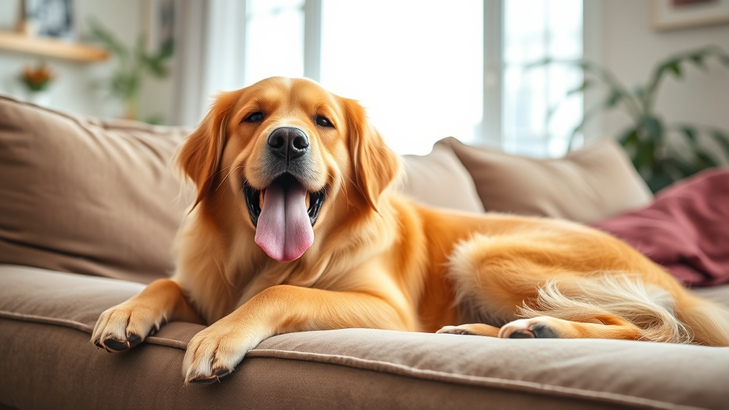 Golden retriever dog resting on couch with tongue out panting peacefully in bright living room no text no words no letters