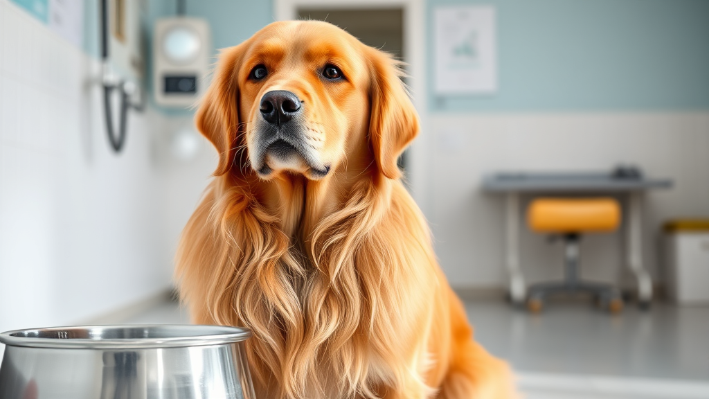Golden retriever dog sitting beside water bowl in bright veterinary clinic setting, no text, no words, no letters