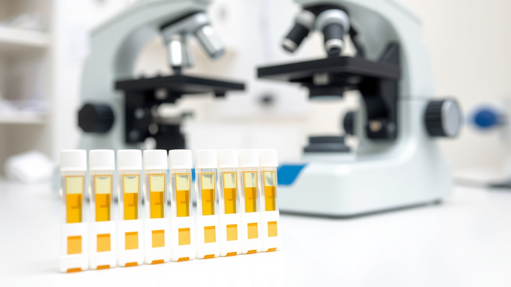 Close up of dog urinalysis test strips and microscope on veterinary examination table, no text, no words, no letters