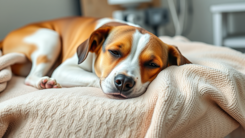 Peaceful dog resting comfortably on soft blanket after veterinary treatment, no text, no words, no letters
