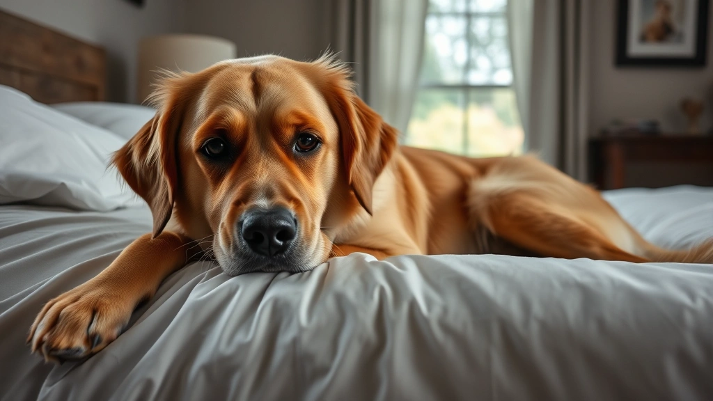 Golden retriever lying on a white bed with a guilty expression, soft natural lighting from a bedroom window, photorealistic style