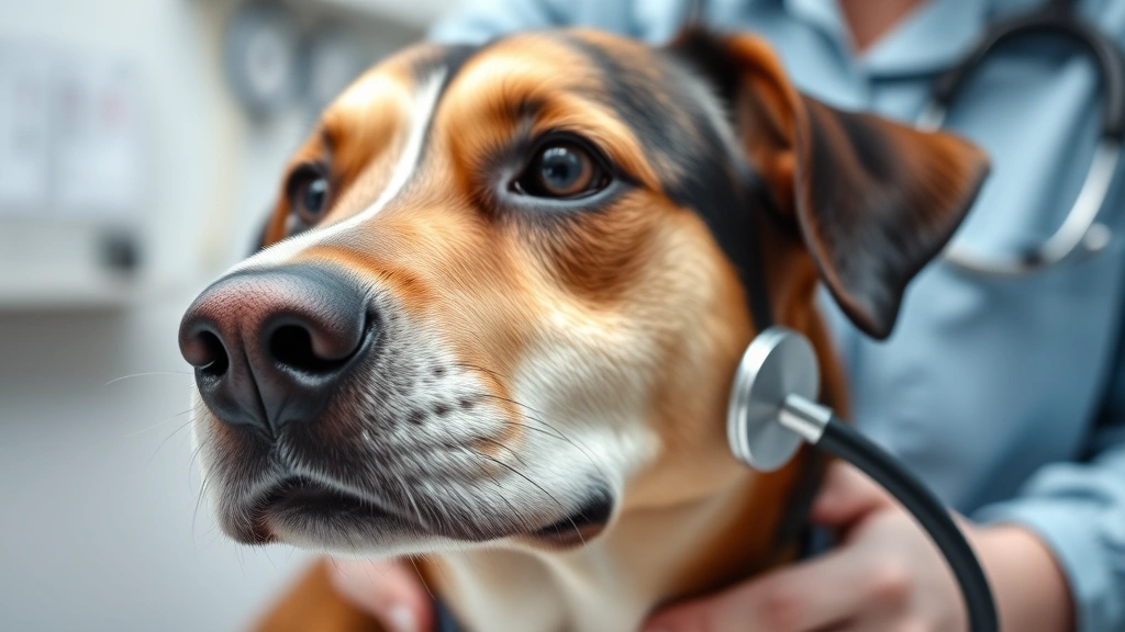 Close-up of a dog's face during a veterinary examination with a stethoscope, professional veterinary clinic setting, caring and clinical atmosphere