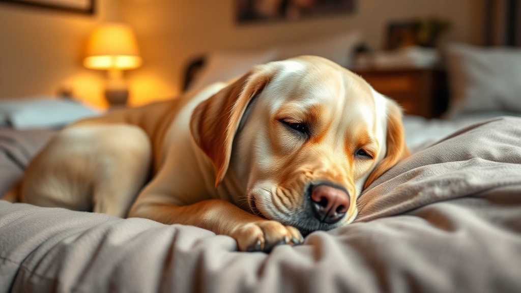 Senior yellow Labrador resting on a comfortable dog bed in a home bedroom, peaceful expression, warm indoor lighting, cozy home environment