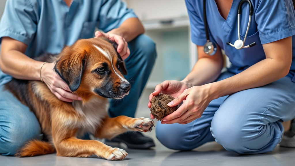 Concerned dog owner examining dog stool with veterinarian, medical consultation, no text no words no letters