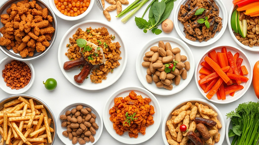 Overhead view of various high-quality dog food options in bowls and on plates, fresh ingredients visible, bright kitchen setting