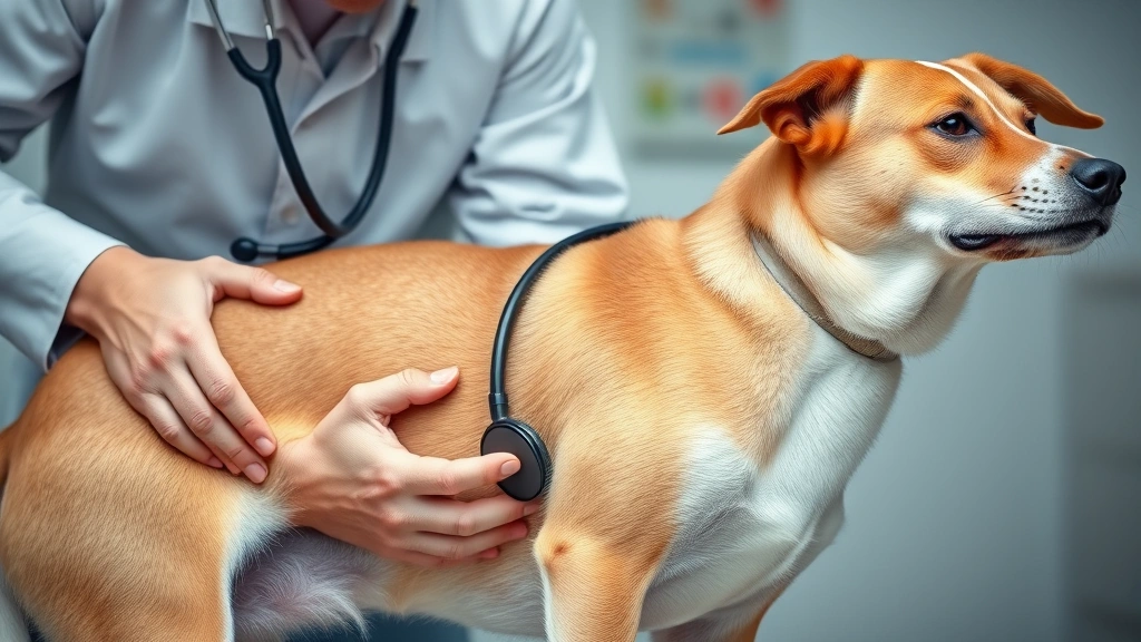 Veterinarian examining a dog's abdomen with stethoscope, professional medical setting, caring interaction between vet and healthy-looking dog